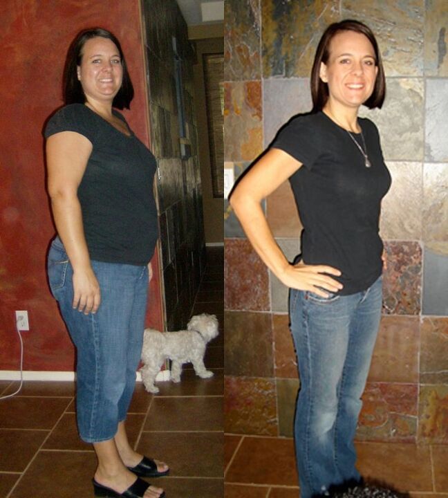 Das Ergebnis einer Gewichtsabnahme einer Frau bei einer wöchentlichen Diät von 5 kg Buchweizen